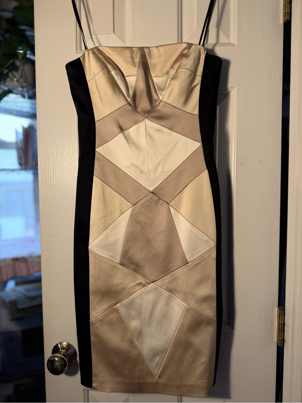 Vintage Y2K Caché Dress 6 Satin Geometric Colorblock Bodycon Cocktail Midi